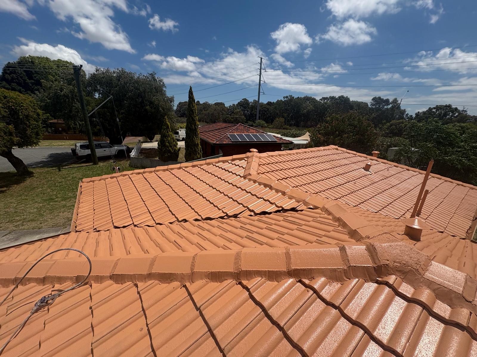 Terracotta tile roof with freshly repointed and recoated ridge capping